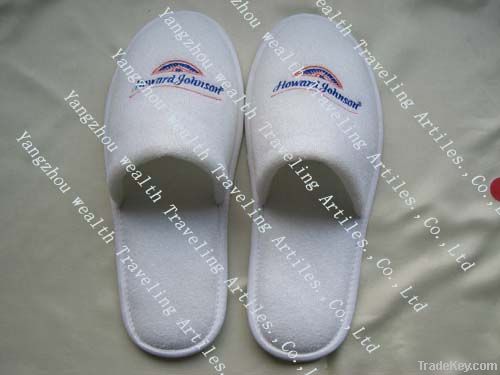 Promotional velour white hotel slipper with customized logo