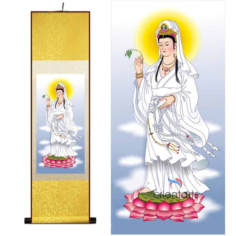 Kwan Yin on Lotus Flower Silk Painting Scroll