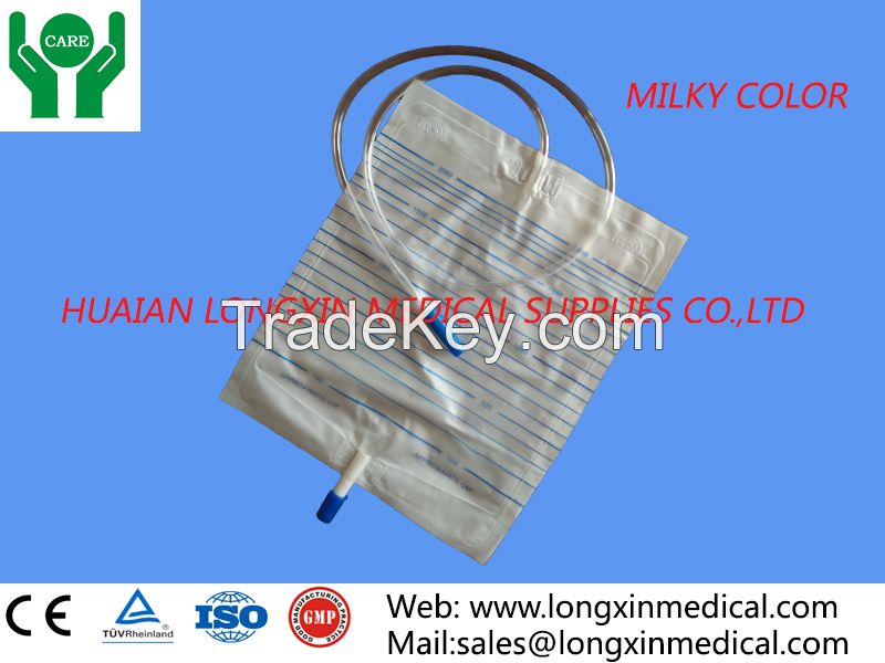 disposable adult urine drainage bag with t type valve , white color , milk color 2000ml