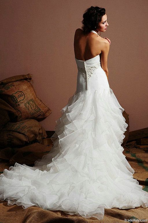 Halter Neckline Ruffled Organza Mermaid Wedding Dresses