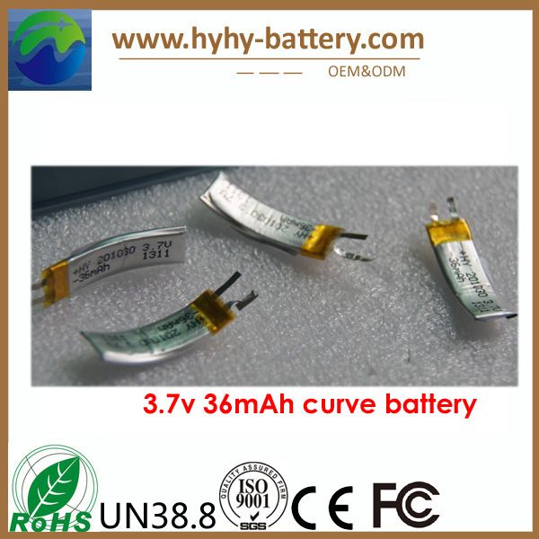 Curved battery, curved lithium battery 3.7v 36mah rechargeable for iwatch, bracelet watch