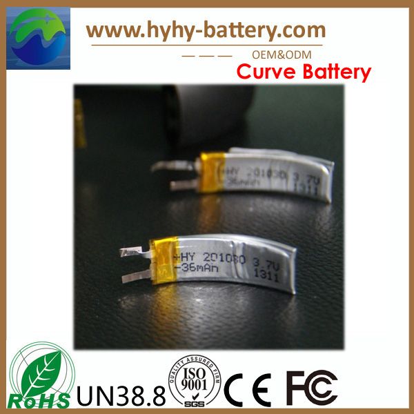 Curved battery, curved lithium battery 3.7v 36mah rechargeable for iwatch, bracelet watch