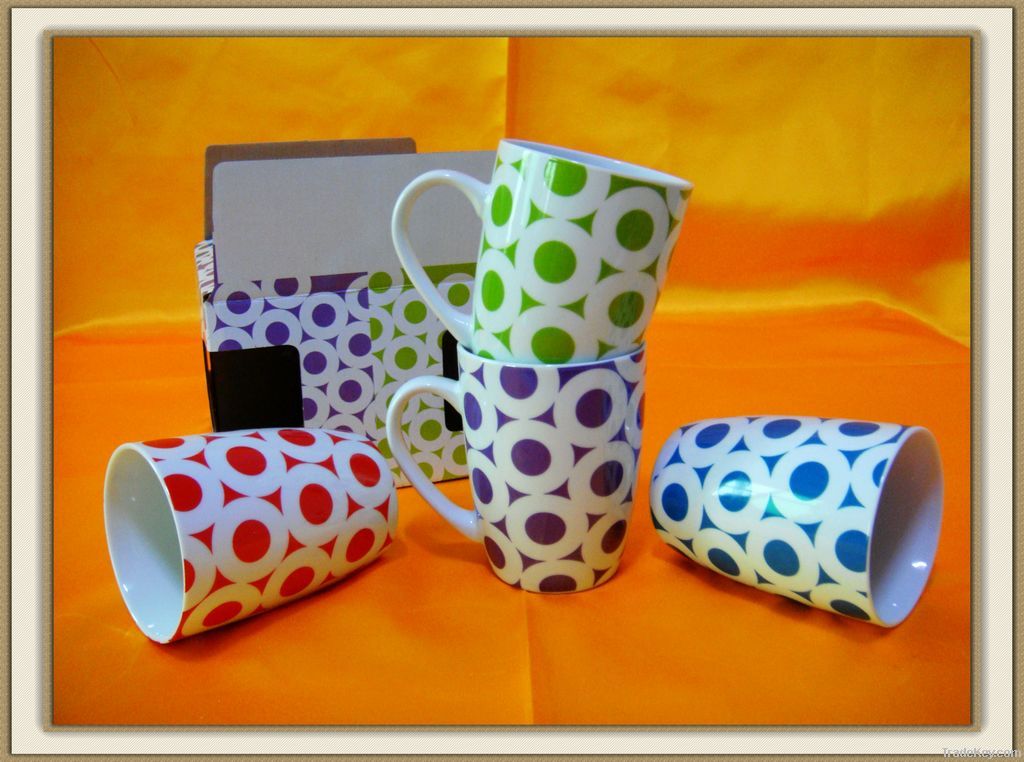 12 oz tea mug with colorful dot design