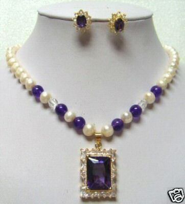 Wholesale - fresh water pearl amethyst pendant necklace earring set