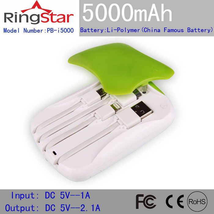 2014 Newest 5000mAh Power Bank with Built-in Micro USB FOR iPhone5 Adaptors with Cables