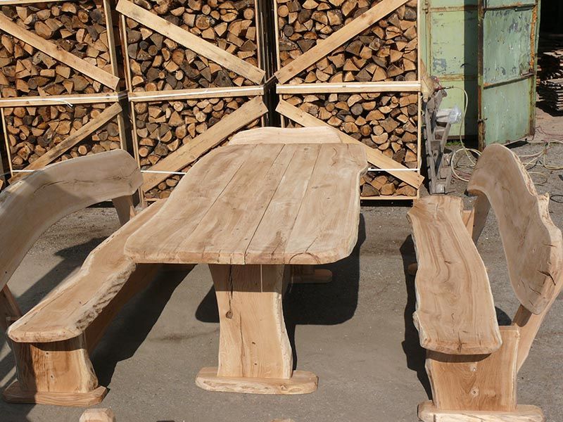 Rustic oak table and benches