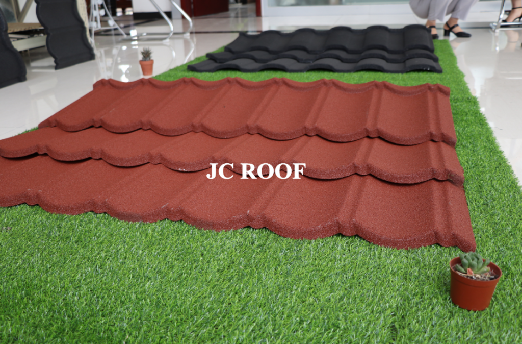 Hot selling stone coated steel roofing sheet in red black coffee brown green with 50 year warranty for sale