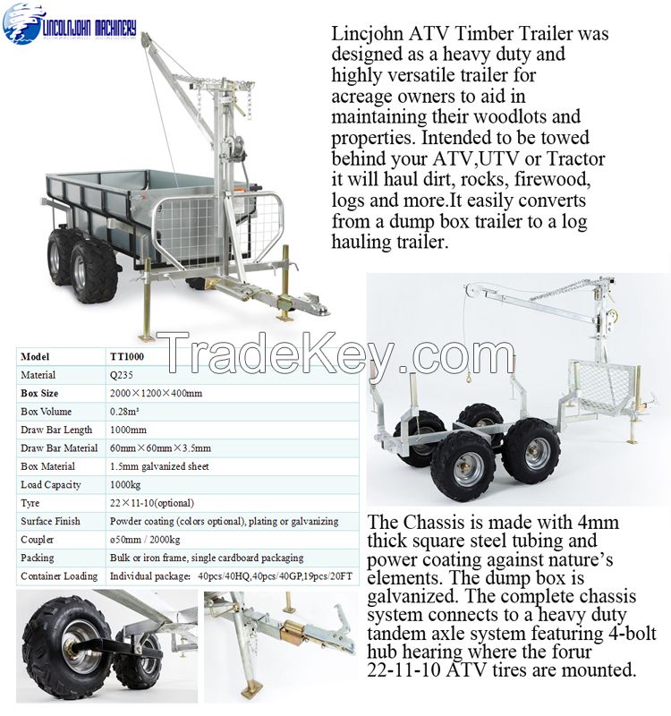 TT1000 Galvanized atv timber trailer for wood and log