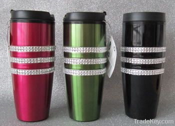 inner plastic, outer s/s blingbling travel mug