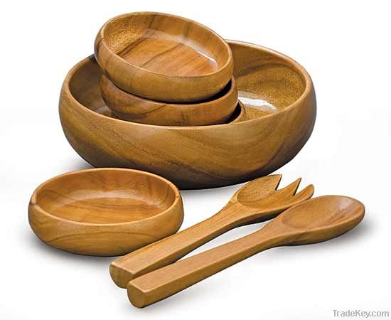 Acacia Salad Set 7Pc Round Calabash