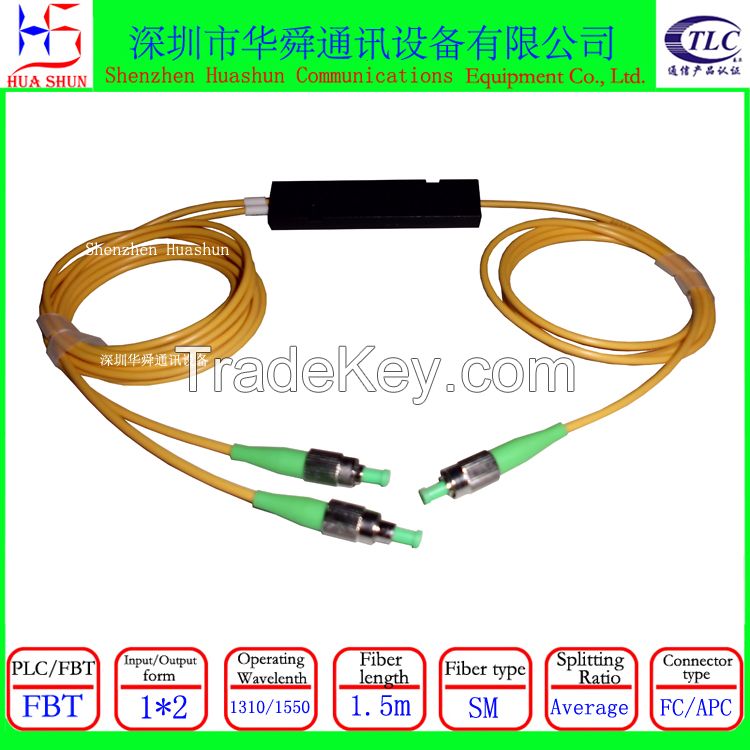 0.9 2.0 3.0mm Single mode1310 1490 1550nm 50:50 5:95 20:80 30:70  FCAPC FCUPC SCAPC SC/PC  LCUPC 2 way optical fiber fbt splitter