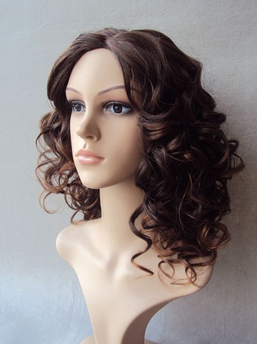 medium brown with lighter tips deluxe curly human hair/heat resistant fiber hair wig factory price