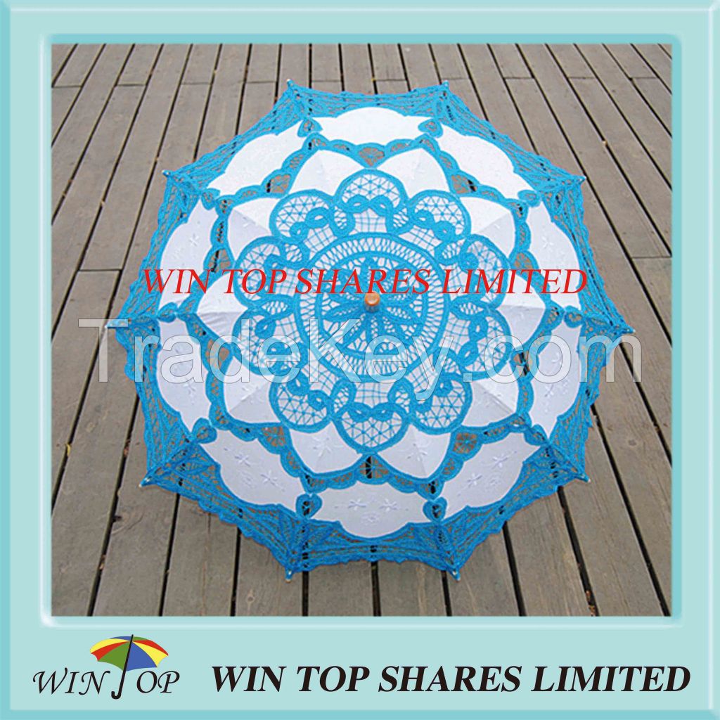 Light blue and white embroidery craft parasol supplier