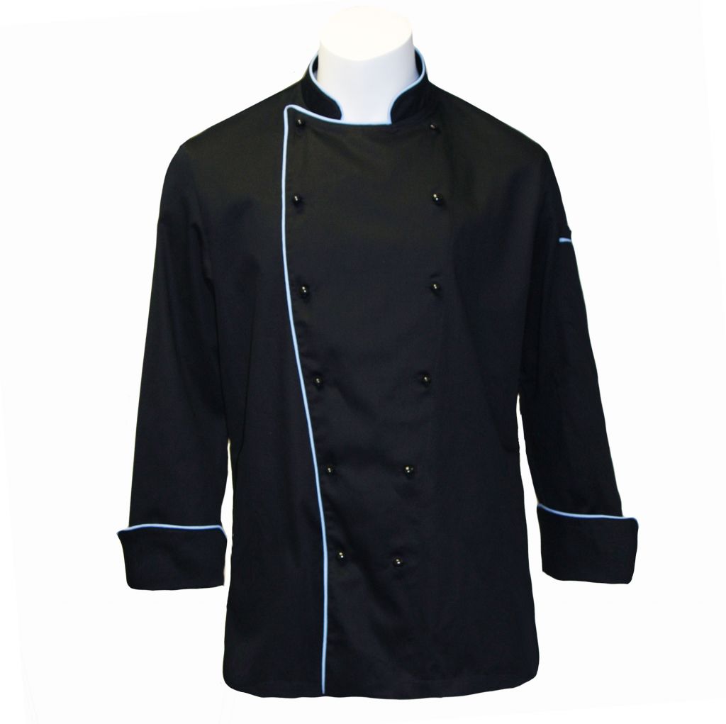 Hot-sale Traditional Black Twill w/Blue Piping/Pocket chef coat/chefs wear