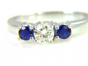 1ct Diamond Sapphire 3 Stone Ring 14KT White Gold