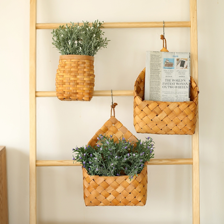 Magazines Woodchip Weaving Hanging Wall Baskets for Plant Flowers