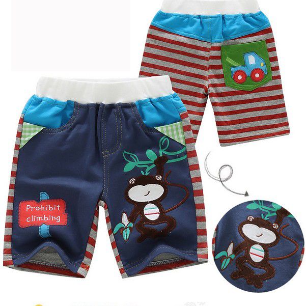 Denim Strip Check Cute Monkey Print Baby Boy Shorts 5pcs/Lot Wholesale Children Trousers