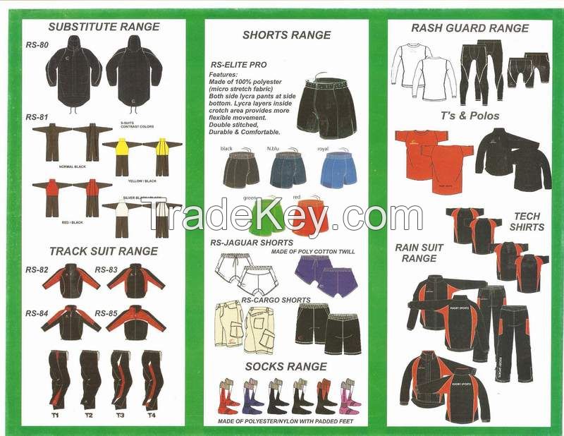 rugby shorts, rugby shirts, track suits, training tops, compression suits, rain suits, cardura jackets,training mesh