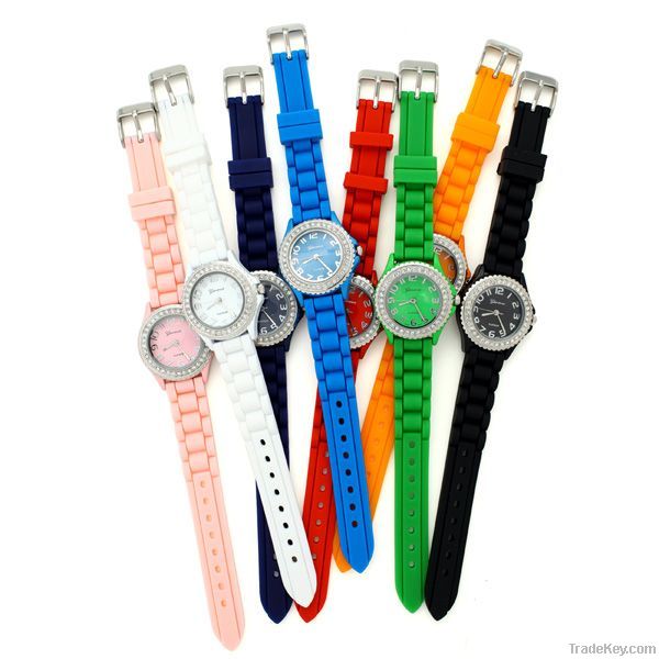 Fashion diamond sport plastic or silicone watch with diamond