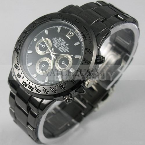 ROSRA Quartz Black Stainless Steel Men Sport Watch New