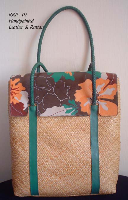 Handpainted Leather Backpack with woven Rattan