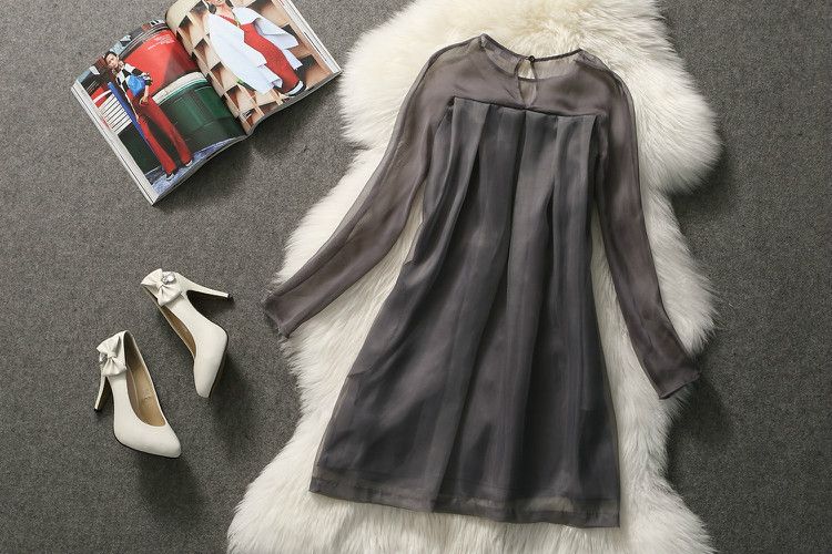 2014 New Spring Summer Silk Polyester Brand Long Sleeve Ruffles Knee-Length Ladies' Fashion Straight Dress Women' Casual Dresses H011901