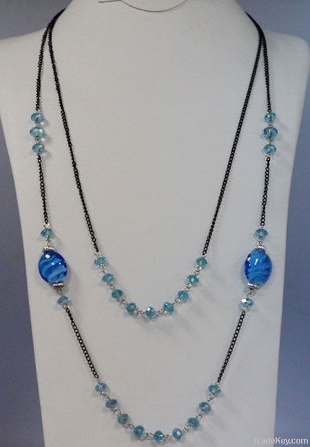 Alloy Plated Long Necklace with Crystal, Glaze beads Necklace Jewelry