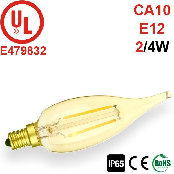 UL-Listed E12 Vintage Gold CA10/C10/C32 Flame Tip Light Bulb 2W LED Filament Chandelier Bulb 4 Watt