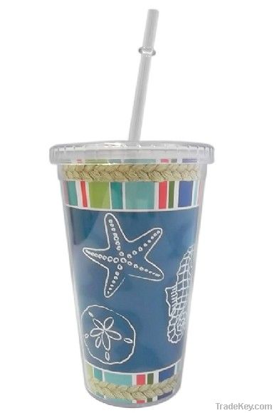 promotional plastic inserted paper mug with straw