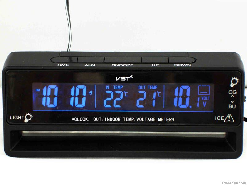 LCD Car Clock with double color and thermometer &amp; car voltage