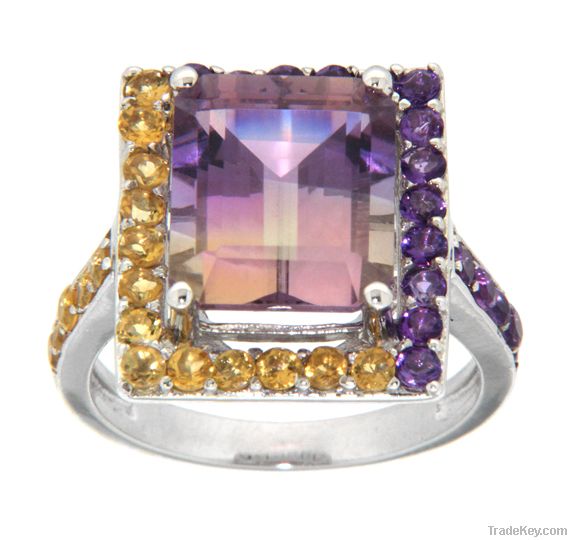 925 Sterling Silver Bi-Color Ametrine, Amethyst and Citrine Ring