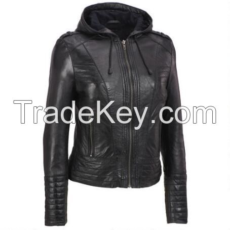 LADIES WOMEN REAL GENUINE LEATHER BIKER JACKET WITH HOOD