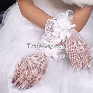 bow-knot pearl beaded short tulle wedding gloves fingerless bridal lace gloves