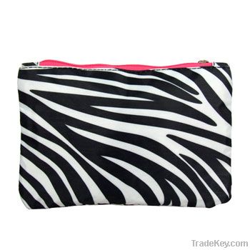 Zebra dual zipper satin cosmetic travel pouch