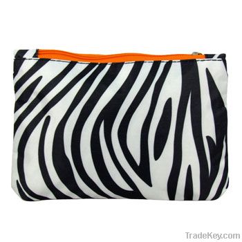 Zebra dual zipper satin cosmetic travel pouch