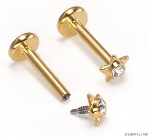 Gold Plated CZ Star Labret Internally Threaded