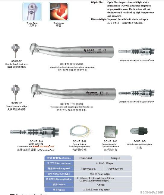 3 way water spray Optical fiber high speed dental handpieceSCHF19-SP6