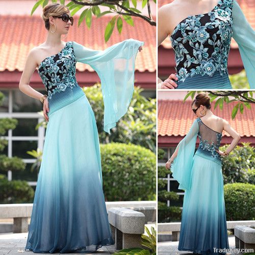 drop shipping hot sale floor length one shoulder appliqued party dress