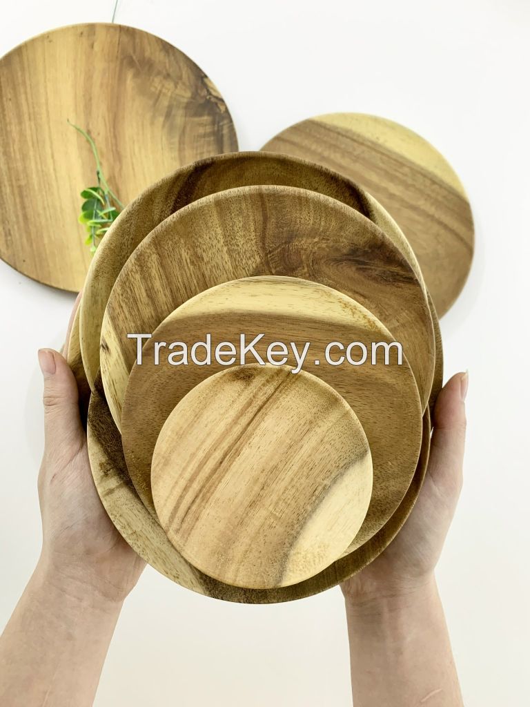 Acacia Round Plate Dish Customized Sizes Logo Serving Tableware Dining Salad Appetizers Eco Friendly Wholesale