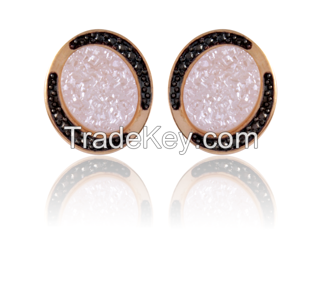 GOLD PLATED EARRING WITH ROSE DRUZY AND ZIRCON