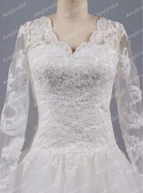 01557 Real picture deep neckline bridal dress long sleeve lace wedding dresses