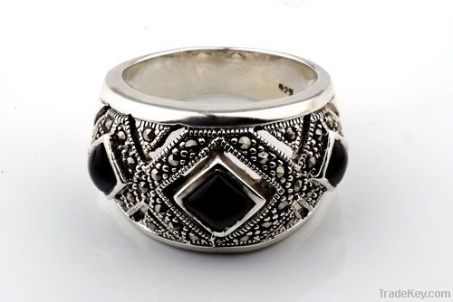 Square black sapphire marcasite ring