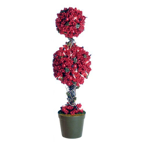 24&quot; Pre-Lit Cranberry Berry Double Ball Topiary Tree With Clear Lights