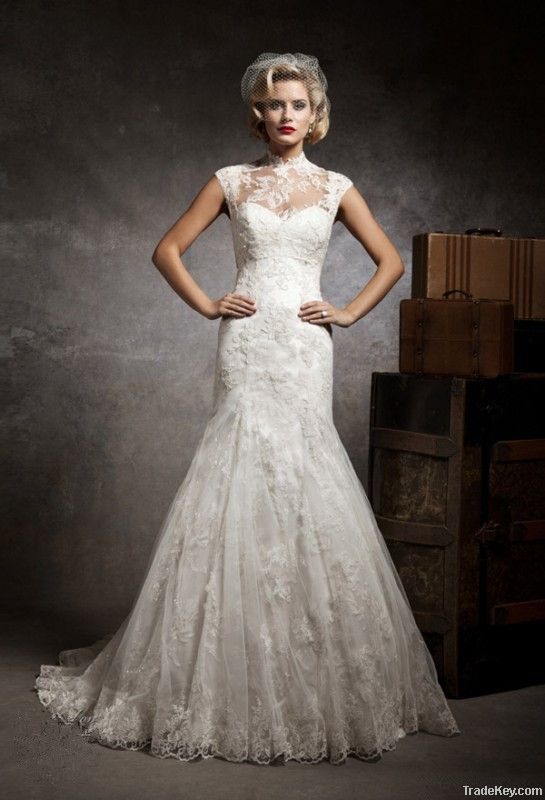 High Neck Top Quality Floor Length A-line Lace Wedding Dresses Custom