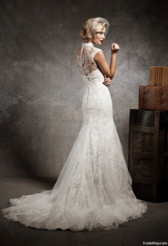 High Neck Top Quality Floor Length A-line Lace Wedding Dresses Custom