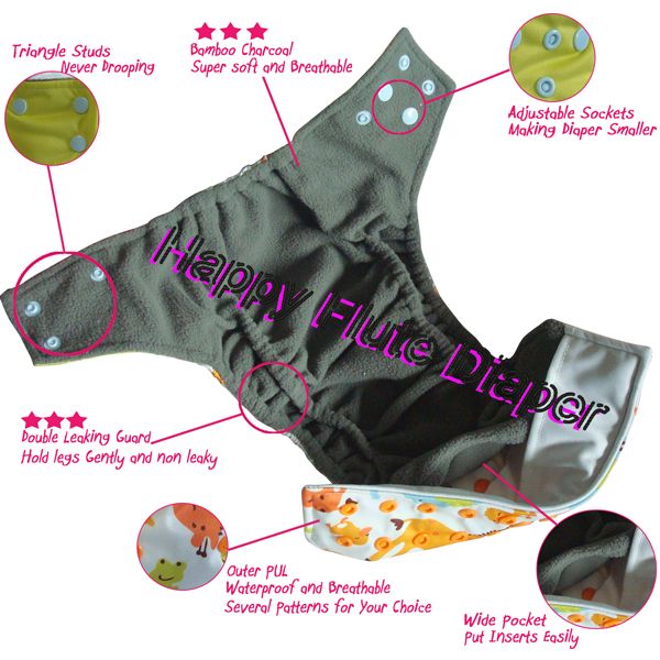 Happyflute onesize bamboo charcoal baby cloth diaper, double leaking guards, waterproof and breathable, fit babies 3-15kgs