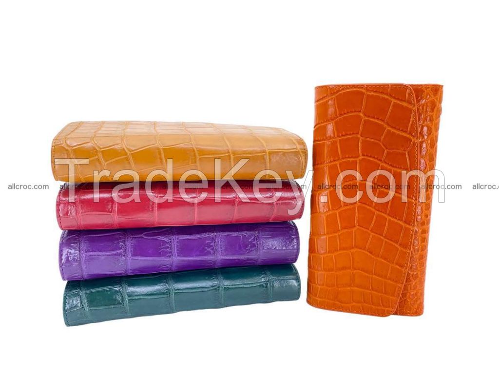 Crocodile skin wallet long trifold for women