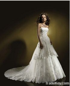 Ball Gown Strapless Chapel Train Tiered Tulle Wedding Dress