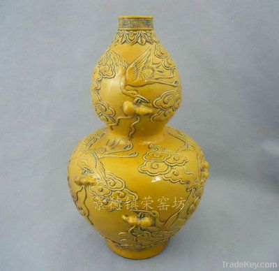 antique yellow hand carved ceramic vase WRYRA02