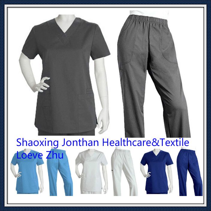 Y-neck medical scrub suit; fashion design hospital staff uniform